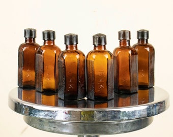 Set of 6 Hand-crafted Vintage Amber Medicine Bottles Bulgarian Red Cross, Brown Vintage Apothecary Bottles