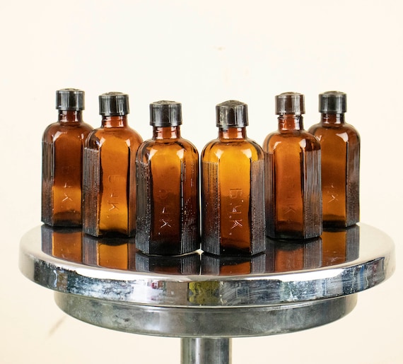 Set of 6 Hand-crafted Vintage Amber Medicine Bottles Bulgarian Red Cross, Brown Vintage Apothecary Bottles