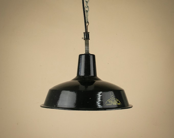 Vintage Belgian Black Enamel Lamp Reluma from the 1940s