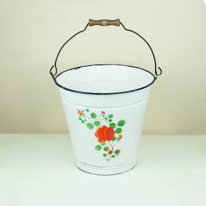 Vintage Porcelain Enamel Bucket, Old White Enamel Bucket with Flower