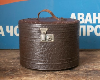 Vintage brunt läderhattask, runt resefodral