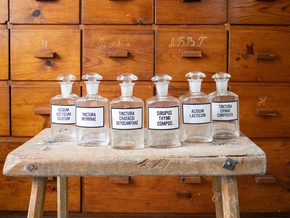 Vintage Clear Glass Apothecary Bottles, Pharmacy Jars with Labels