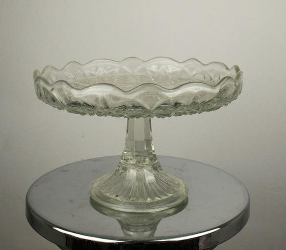 Vintage Pressed Glass Cake Stand with Scalloped Edge