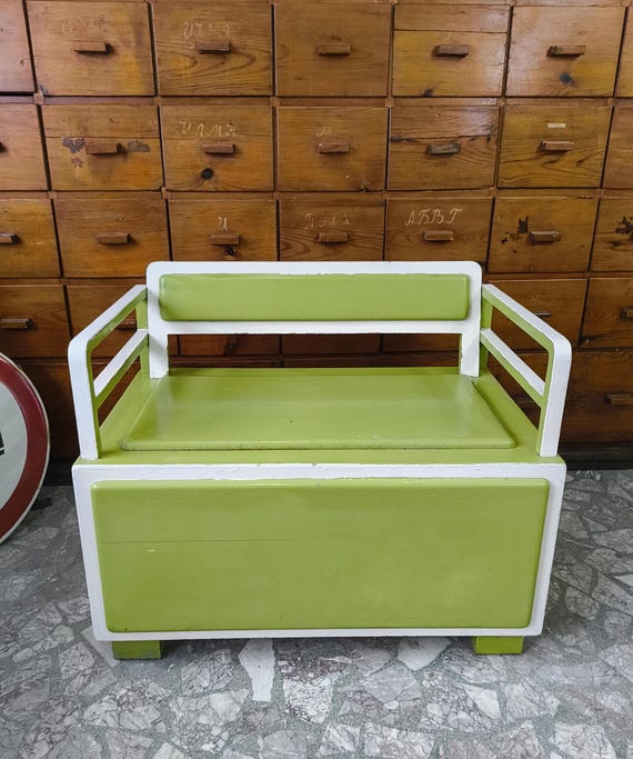 Vintage Hungarian Storage Bench, Mid Century Green Entryway Bench