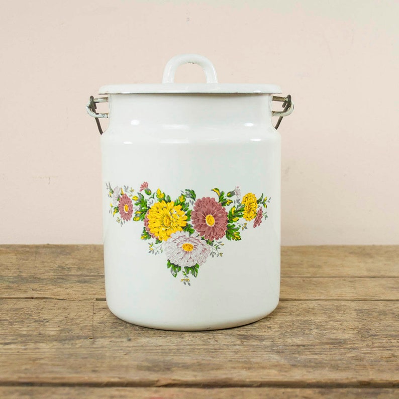 Vintage Enamel Milk Pot With Flowers Enameled Dairy Bottle Etsy