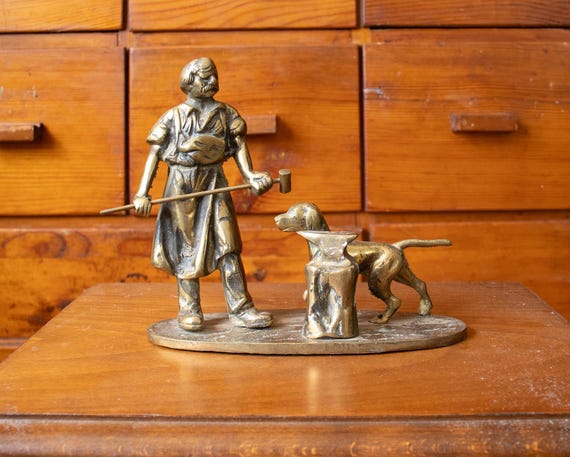 Vintage Brass Blacksmith Figurine with Dog and Anvil – Heavy Folk Art Sculpture
