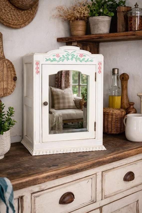 Vintage Farmhouse Wall Cabinet with Mirror & Floral Ornaments