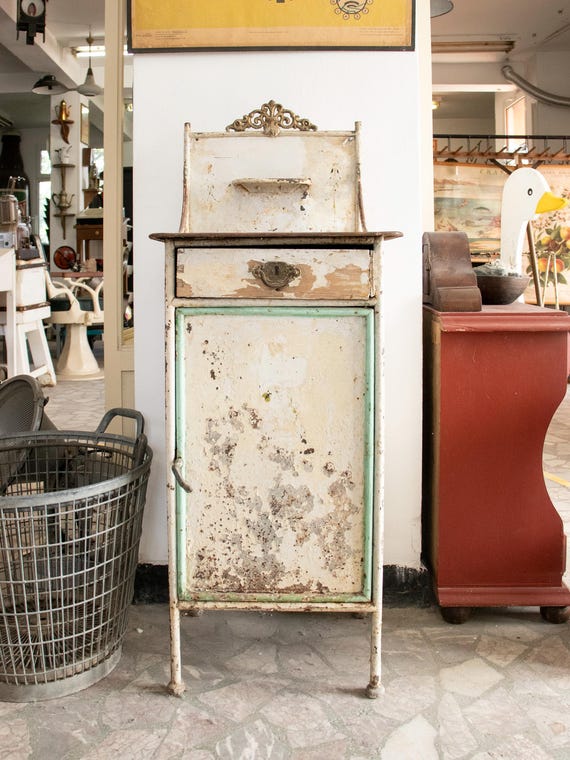 Stunning Antique Early 1900s Metal & Wood Nightstand