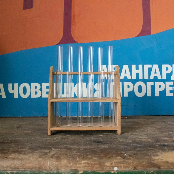 Vintage Lab Set of Test Tubes on a Wooden Stand