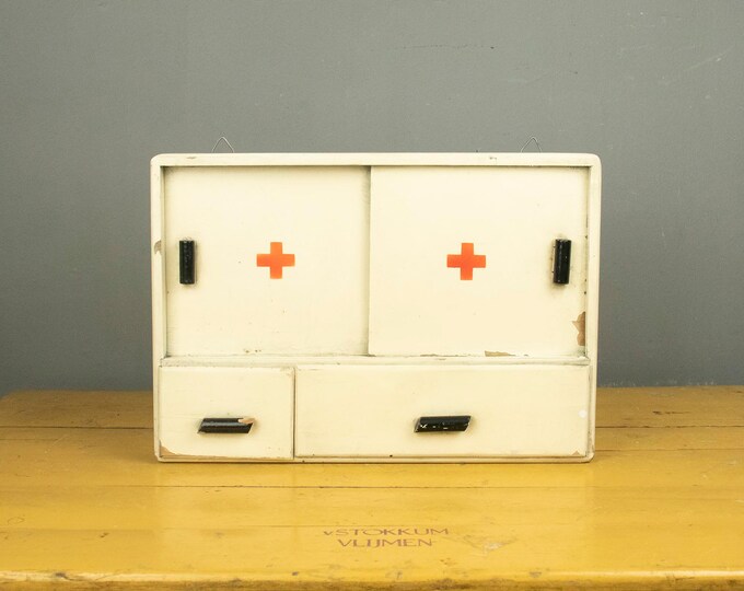 Wooden Medicine Cabinet with Red Cross, Vintage Pharmacy Cabinet, White Pharmacy Closet