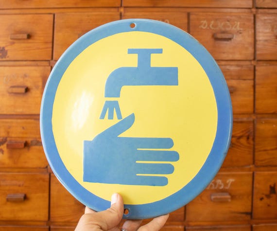 Vintage Enamel Factory Sign, Blue and Yellow "Water for Washing"