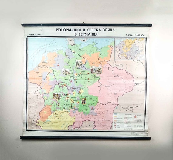 Vintage Historical School Map from the German Peasant Uprising of 1525, Map of The German Peasants War