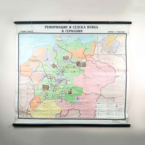 Vintage Historical School Map from the German Peasant Uprising of 1525, Map of The German Peasants War