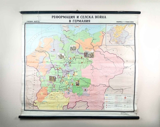 Vintage Historical School Map from the German Peasant Uprising of 1525, Map of The German Peasants War