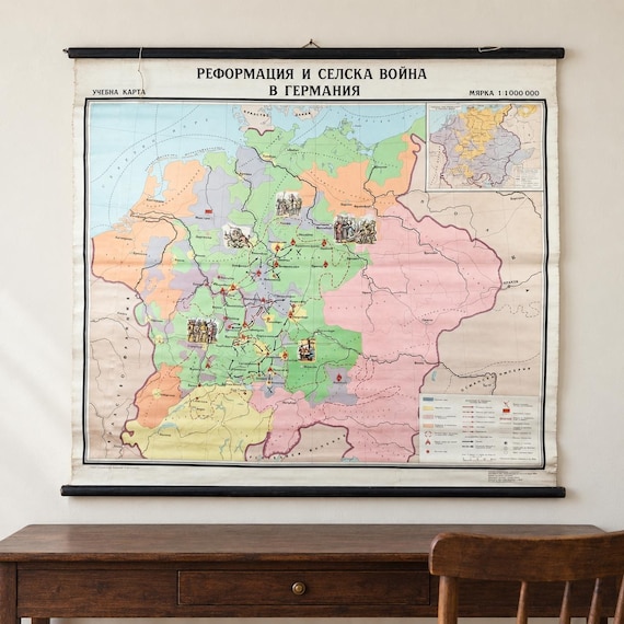 Vintage German Peasants' War Map, Historical School Chart