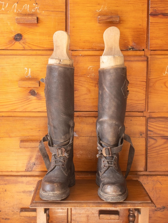 Vintage Hungarian 1950s Military Leather Boots with Wooden Boot Trees