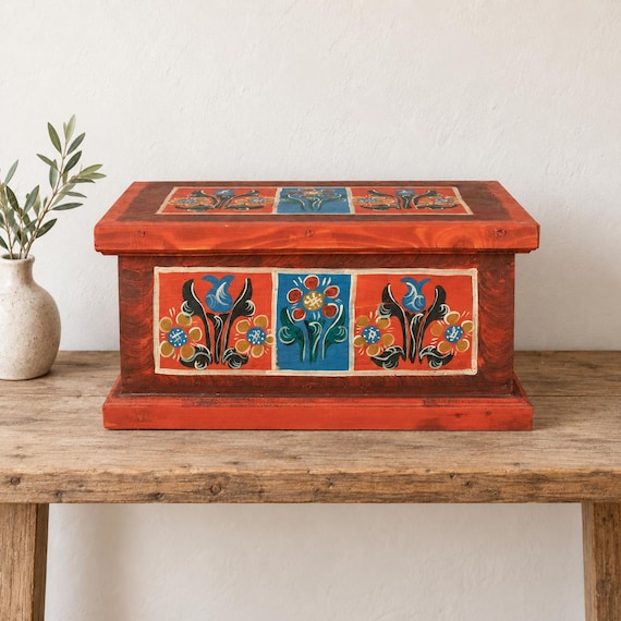 Vintage Red Romanian Handmade Painted Chest