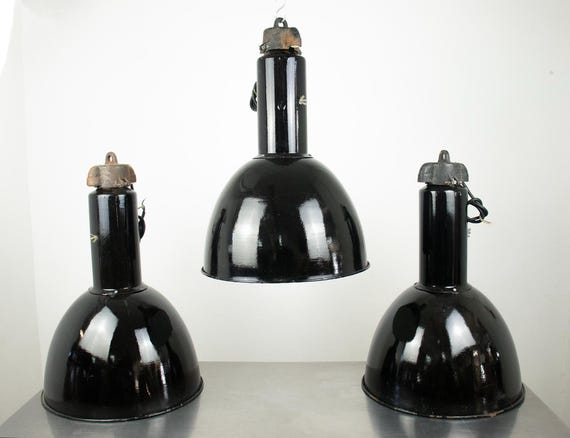Rare Vintage Czech Industrial Black Enamel Pendant Lamp