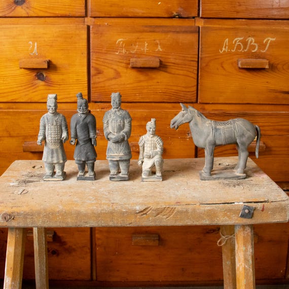 Vintage Chinese Terracotta Warrior Set with Horse | Qin Dynasty Army Replica, Silk Box