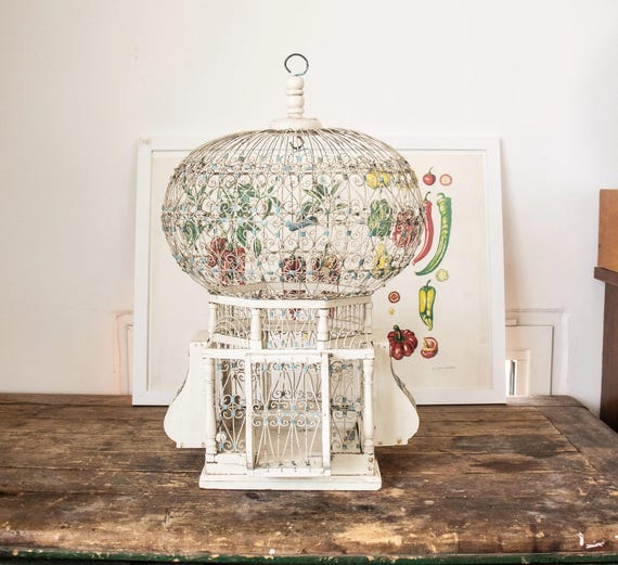 Ornate Vintage Bird Cage, White Metal with Dome Top