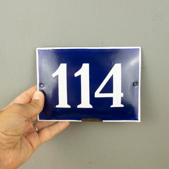 Vintage Porcelain Enamel Street Number Sign Number 114