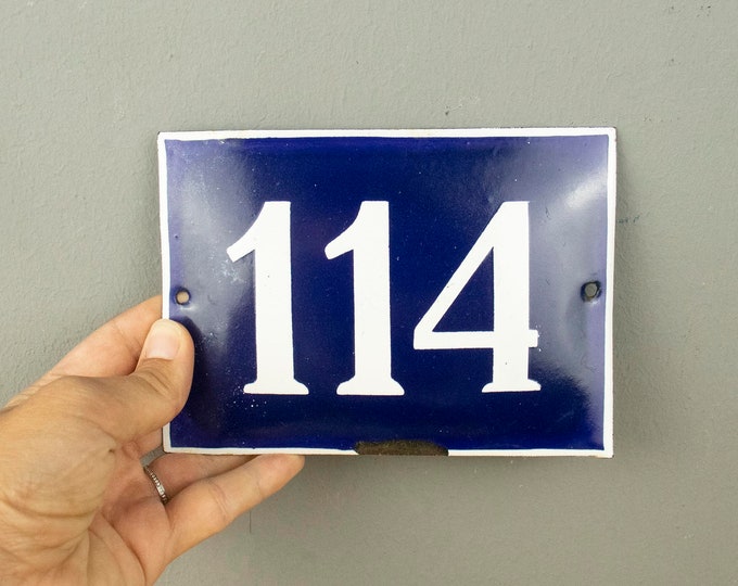 Vintage Porcelain Enamel Street Number Sign Number 114