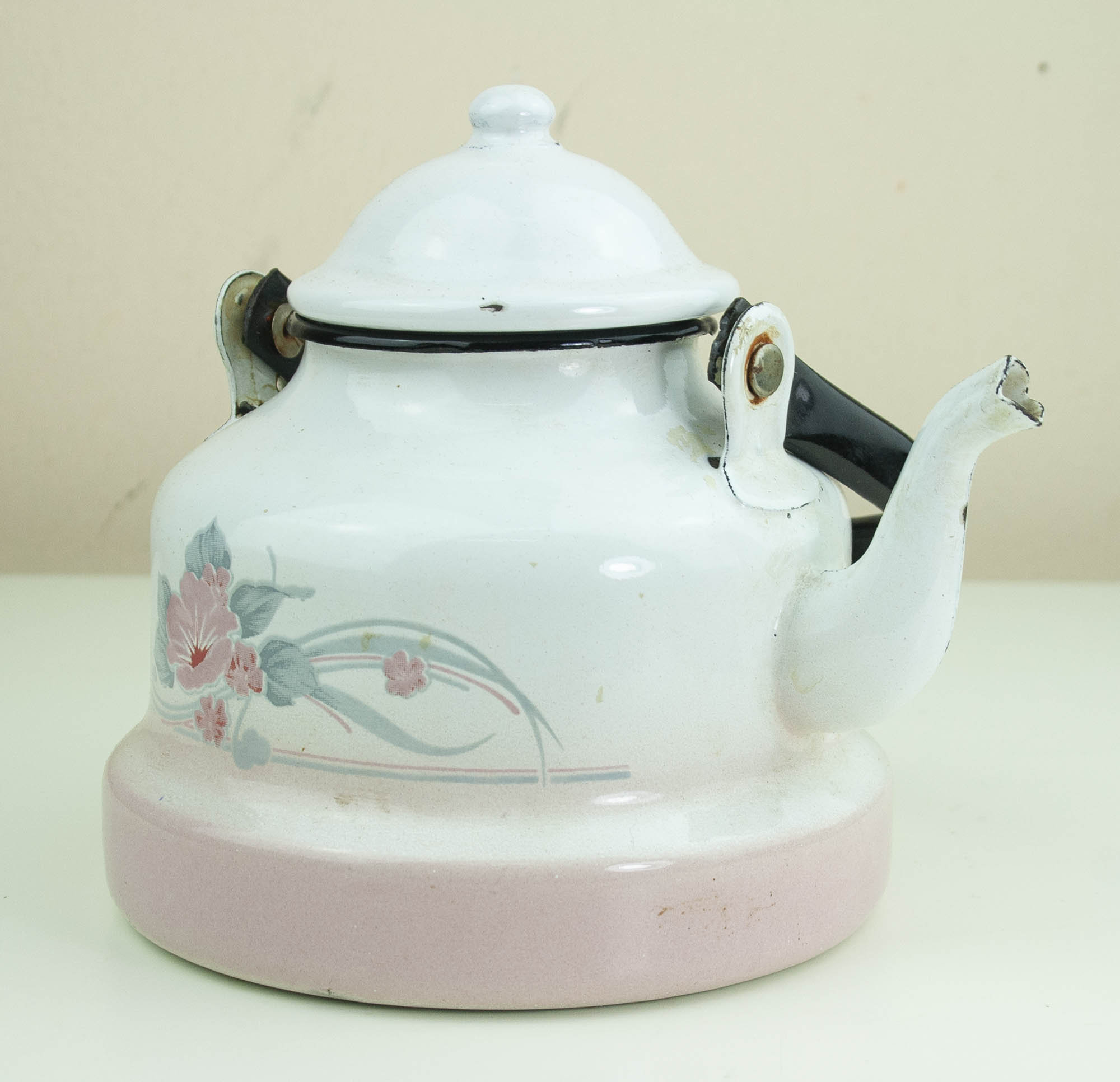 Small Vintage Enamel Teapot White Enamel Teapot with Pink Etsy