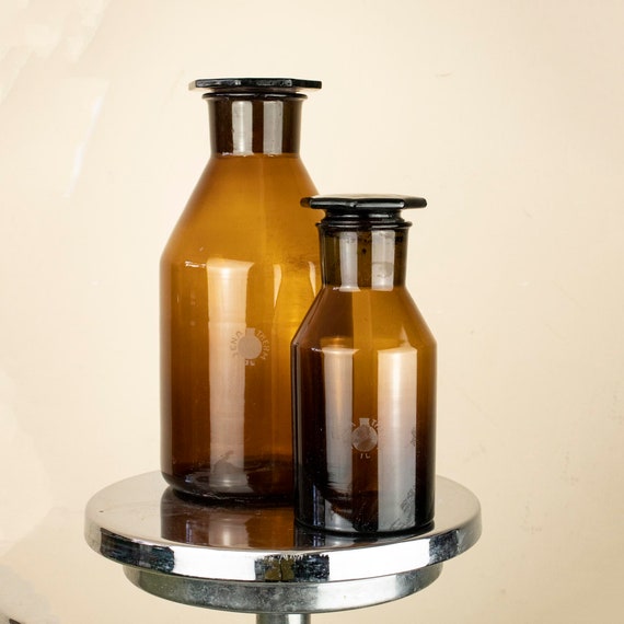 Set of 2 Large Vintage JENA Apothecary Jars, Big Amber Apothecary Jars