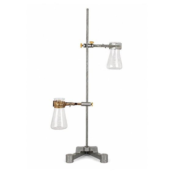 Vintage Chemistry Lab Metal Stand – 2 Clamps + 2 x 250 and 300 ml Erlenmayer Flasks
