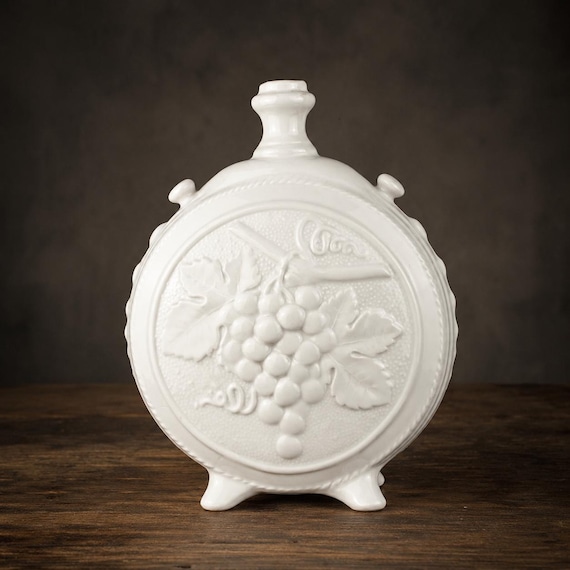 Vintage Porcelain Wine Bottle – Embossed Grape Design – Decorative Ceramic Flask
