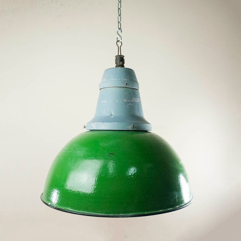 Green Enamel Lamp Shade Vintage Pendant Light Old Factory