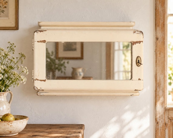 Vintage Hungarian Wall Cabinet with Mirror, Painted Wooden Medicine Cabinet