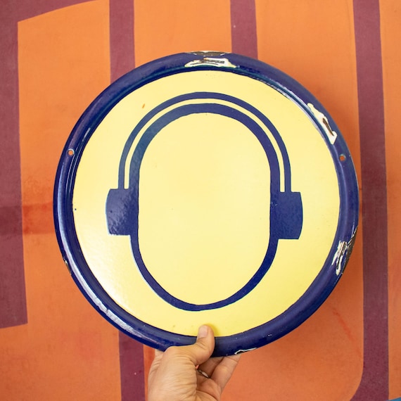Vintage Enamel Factory Sign "Wear Noise Cancelling Headphones ", Round Tin Enamel Sign "DJ" Sign