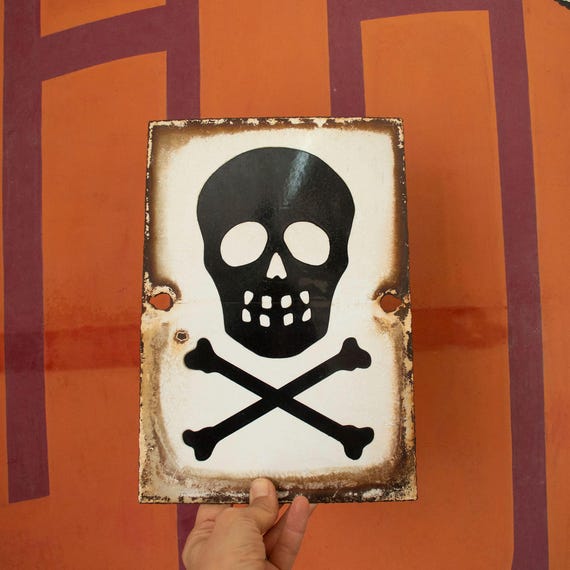 Vintage Belgian Enamel Warning Sign with Skull