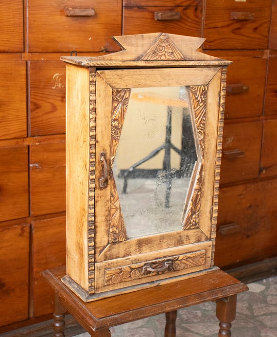 Vintage Art Deco Wooden Medicine Cabinet with Mirror