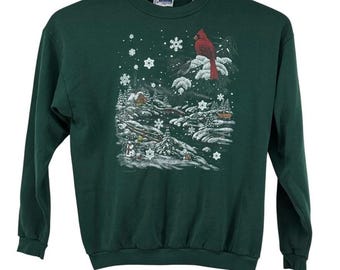Endless Designs Christmas Sweatshirt Winter Nature Green X-Large 90s Vtg READ