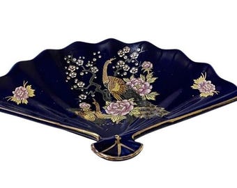 Japan Porcelain Cobalt Blue Gold Trim Fan Shaped Peacock 7&quot; Candy Dish Decor Vtg