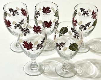 Libbey Autumn Fall Leaves Water Wine Goblet Glasses 16oz Set 5 Thanksgiving Vtg