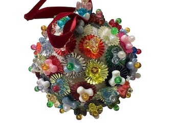 Retro Hand Decorated 3" Styrofoam Beaded Christmas Ornament Sparkle Vintage