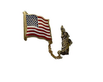 Statue of Liberty American Flag USA Design Pin w/Chain Guard Patriotic Vintage