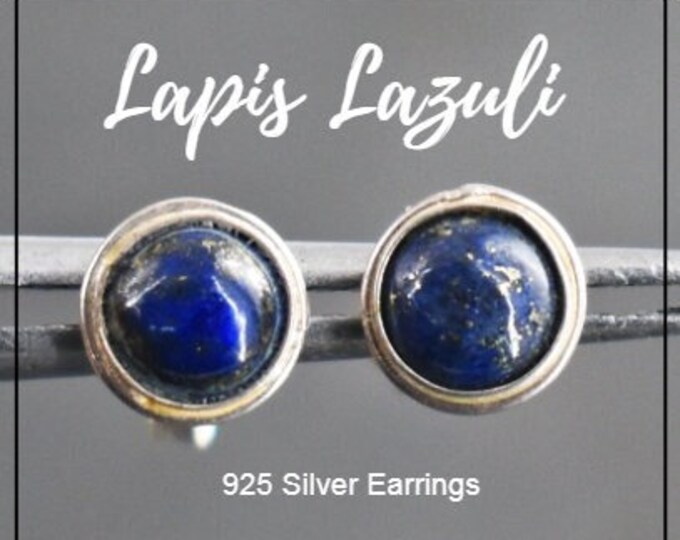 Natural Lapis Lazuli Stud Earrings. 925 Silver. Delicate Push Back Earrings for Gifts and Birthday. Handcrafted. Blue Gemstone.