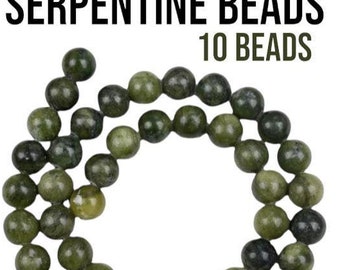 6 & 10mm Genuine Serpentine Beads. 10 Bead Strand. Beautiful Beads. Round Gemstone Beads. Gemstone Necklace. Birthstone Necklace Gift.