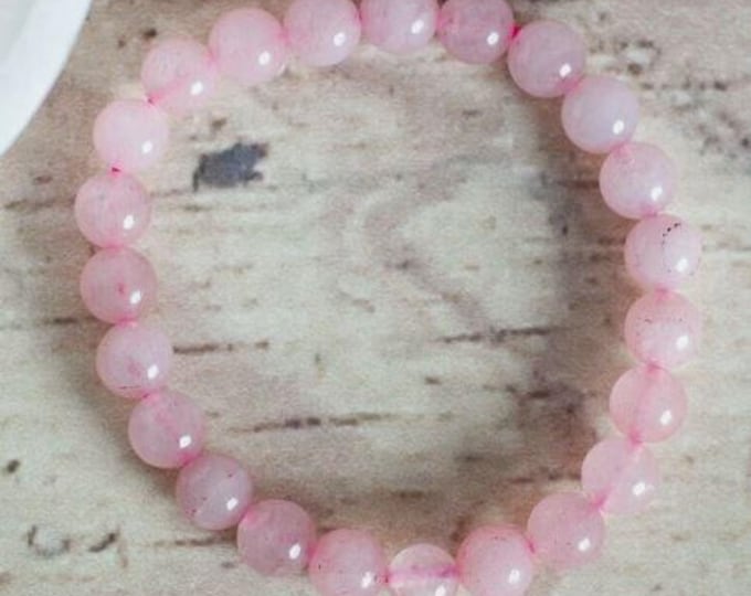 Genuine 49.65 Carat Rose Quartz Bracelet. 8 mm Beads. Earth Mined Beads. Jewelry and Gift. Stretchable. 7.5 Inches Length. Birthstone Gifts.