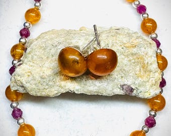 Genuine Mined Golden Amber & Raw Ruby Bracelet Set in 925 Silver. Included Amber Earrings and Raw Ruby Mineral Specimen. Untreated. Gift.