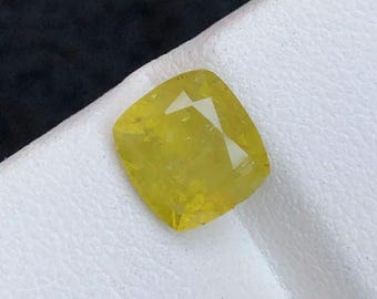 Mali Garnet 3.30 Carat. Genuine Mined Faceted Olive Yellow. Cushion Gemstone. 8.2 x 7.7 x 5.4 mm. Untreated. I Grade. Loose Gemstones.