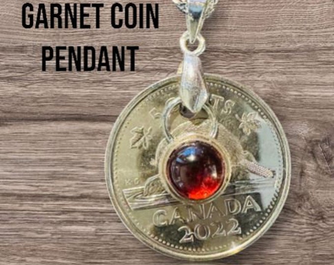Canadian Coin and Garnet Pendant. Almandine Garnet. Real Coin Necklace. Coin Medallion. Gemstone Pendant. Earth Mined. Canadian Nickel.