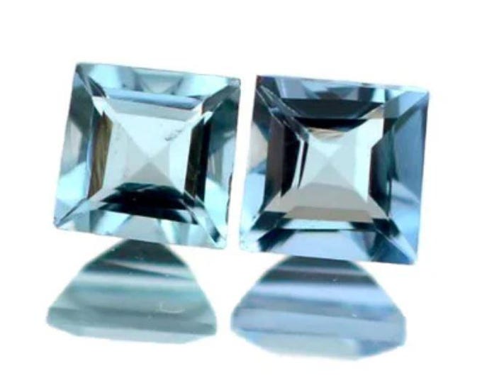 2 Piece: 3mm Swiss Blue Topaz Pairs. Genuine Earth Mined. VS. Faceted Square. Loose Gemstones for Jewelry. Accent Stones. Light Blue.