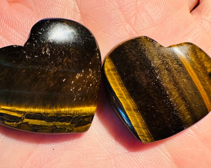 2 Piece: Tigers Eye Cabochons. Healing Stone. Heart Shape. Loose Gemstones for Jewelry. Genuine Mined. Natural. Untreated. Fantastic Flash.