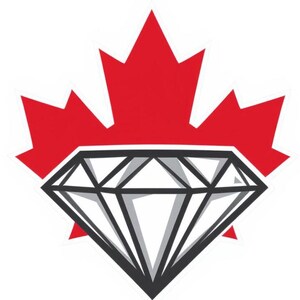 May include: A graphic of a red maple leaf with a black and gray diamond shape in the center. The diamond is a faceted shape with multiple sides and angles. The maple leaf is a symbol of Canada.