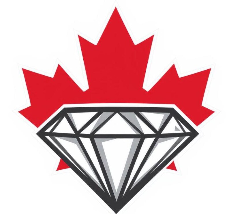 May include: A graphic of a red maple leaf with a black and gray diamond shape in the center. The diamond is a faceted shape with multiple sides and angles. The maple leaf is a symbol of Canada.